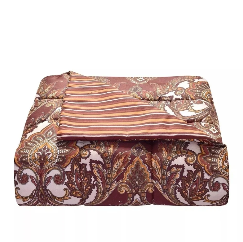 Lanwood Odyssey Red Scroll/Stripe Reversible 8pc Comforter Set Queen Wine Red